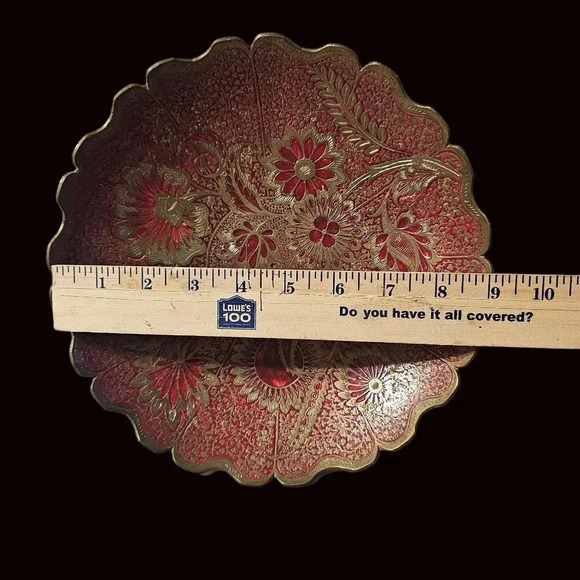 Decorative Brass Bowl 9 inch x 2 inch Orange Floral Design - Picture 6 of 6